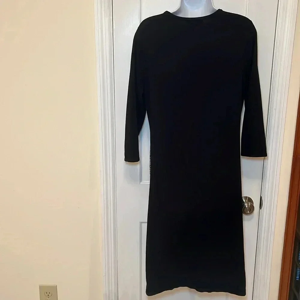 Sweater Dress Midi Women’s Large  Stretchy Knit Floral Print Black‎ Tan